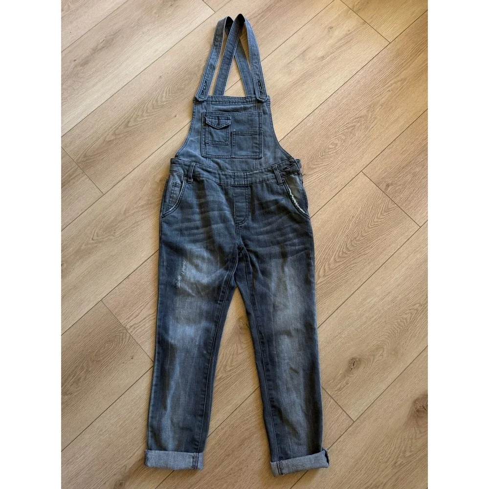 Free People Gray Denim Overalls Slim Tapered Distressed Bib Dungarees Gray